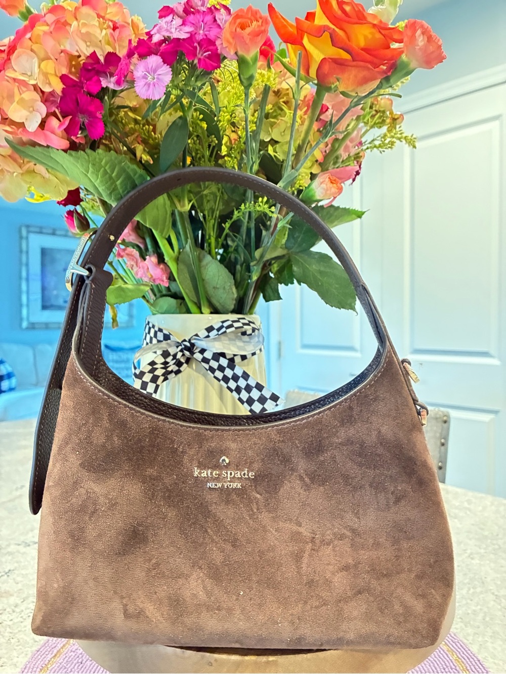 Brand Nee kate spade brown suede shoulder bag with gold logo